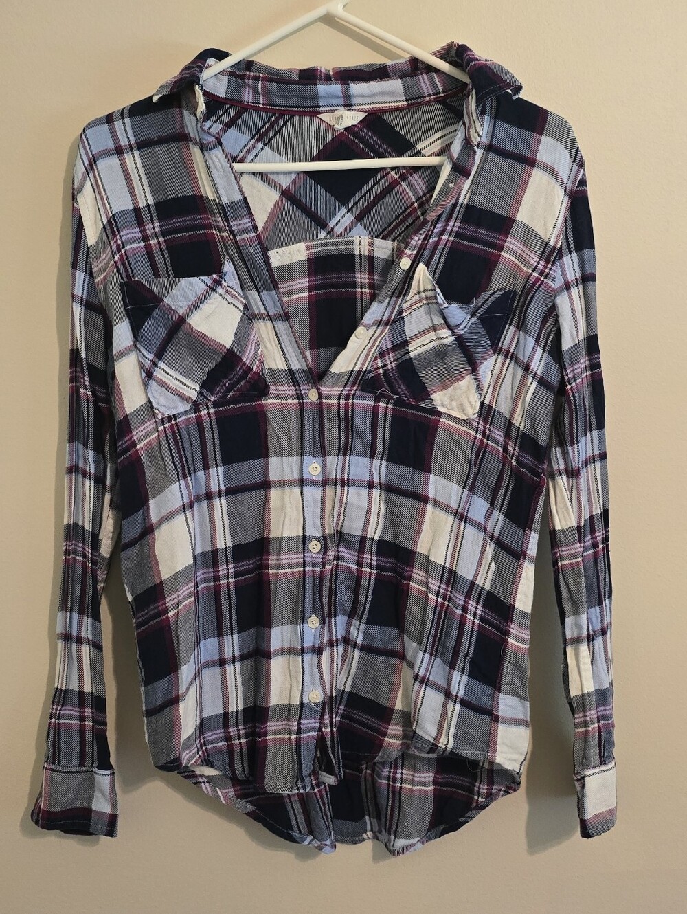 Aeropostale Navy, White & Pink Plaid Button-Down Flannel Shirt